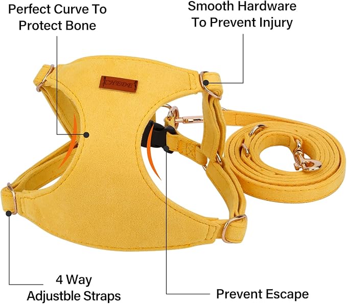 CHEDE No Pull Puppy Harness and Multifunction Dog Leash Set- 8 Colors Soft Adjustable No Choke Escape Proof Cute,Lightweight Pet Vest Harness for Small and Medium Dog (M, Yellow)