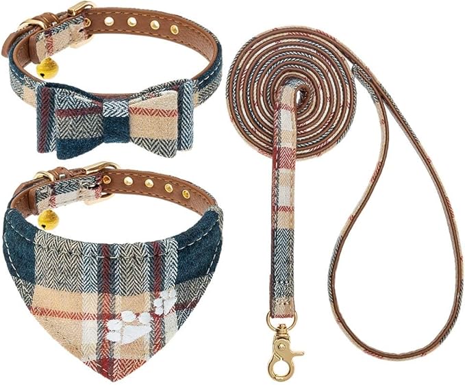 EXPAWLORER Puppy Collar and Leash Set - Embroidered Pawprints Plaid With Bow Tie, Bandana, and Bell for Dogs Cats Outdoor Walking, Khaki XS