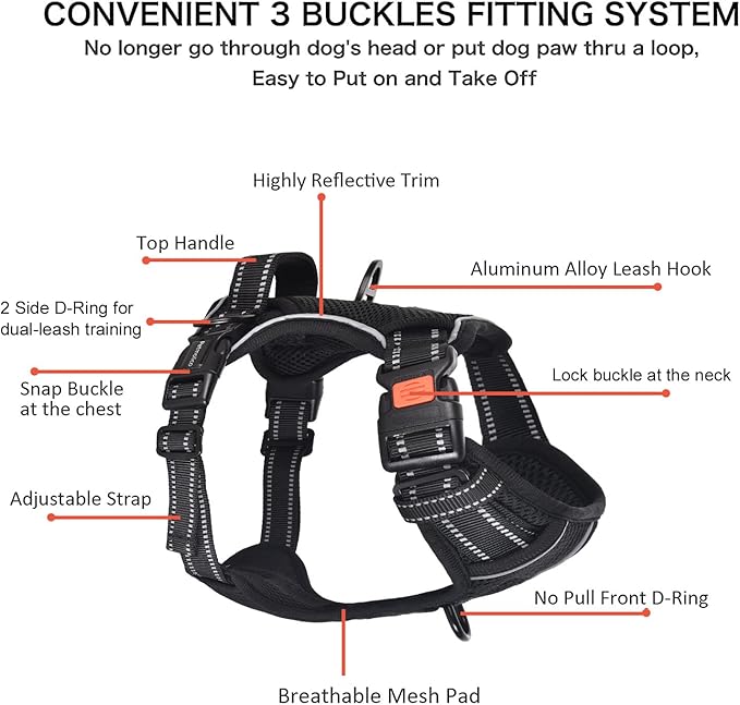 Petmolico No Pull Dog Harness and Leash Set, No Choke 4 Leash Attchments Easy Control Handle Soft Padded Reflective Vest Dog Harness for Medium Dog Breed, Black Medium