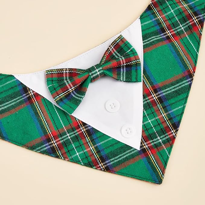 Adjustable Green Plaid Christmas Dog Tuxedo Bandana with Bow Tie - Holiday Pet Outfit Costume for Dogs XS to XL