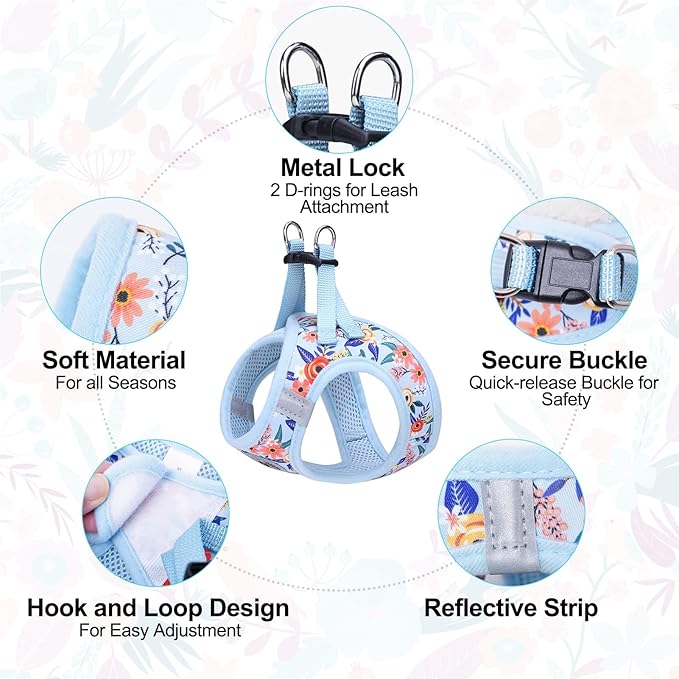 BEAUTYZOO Step in Dog Harness and Leash Set,Floral Pattern Reflective Dog Harness No Pull No Choke Puppy Harness for Small Medium Large Dogs Cats,Soft Padded Mesh Vest Harnesses for Girl and Boy Pets
