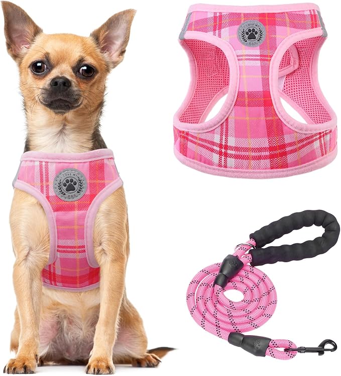 BEAUTYZOO Small Dog Harness and Leash Set, Step in No Choke No Pull Soft Mesh Dog Harnesses Reflective for Small Medium Puppy Dogs and Cats, Plaid Dog Vest Harness for S M Pets, Light Pink XXS