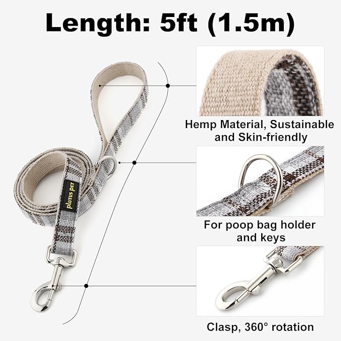 Plutus Pet Cotton Hemp Dog Collar and Leash Set, Adjustable Collar for Small, Medium, and Large Dogs, Heavy Duty and Soft on Skin, Gray Plaid, L