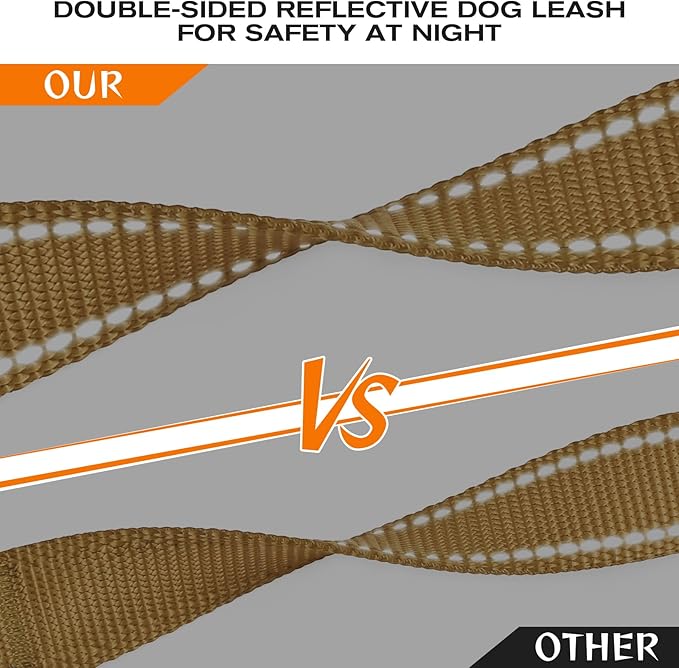 Joytale Dog Leash Heavy Duty for Large Dogs That Pull, Double Handle for Traffic Control, Double-Sided Reflective Leashes for Large Medium Dogs Night Safety, 4FT, Khaki