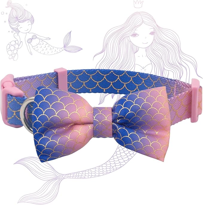 azuza Bowtie Dog Collar Mermaid, Soft & Comfy Dog Collar with Removable Bow Gradient Color Size Adjustable Dog Collars for Small Dogs