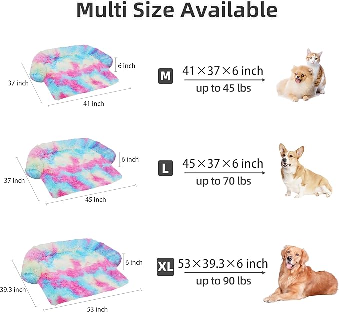 Calming Dog Bed Fluffy Plush Dog Mat for Furniture Protector with Removable Washable Cover for Large Medium Small Dogs and Cats (Medium, Rainbow)