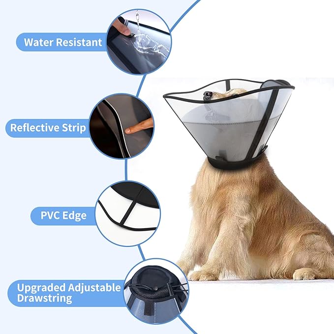 Soft Dog Cone for Dogs After Surgery, Breathable Pet Recovery Collar for Large Medium Dogs, Adjustable Dog Cone Collar, Elizabethan Collar (XXL, Black)