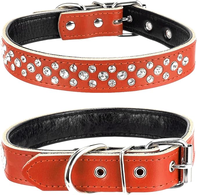 Rhinestone Dog Collar, Adjustable Cute Dazzling Sparkling Soft Leather Dog Collar Crystal Diamond Pet Dog Puppy Collar (L, Brown)
