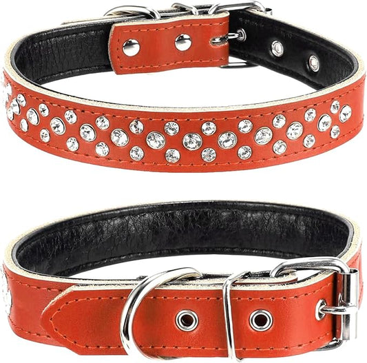 Rhinestone Dog Collar, Adjustable Cute Dazzling Sparkling Soft Leather Dog Collar Crystal Diamond Pet Dog Puppy Collar (L, Brown)