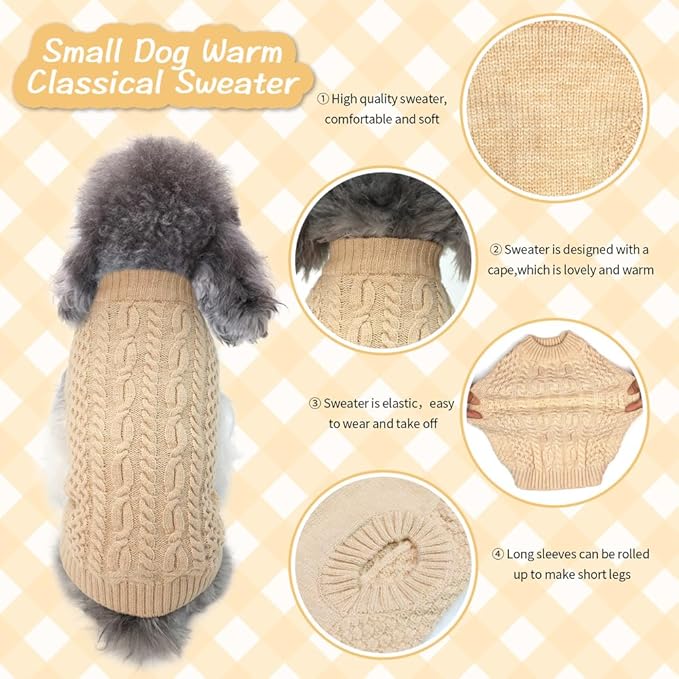 Fleece Beige Dog Sweater - Knitwear Pet Warm Clothes Classic Cable Knit Dog Sweater Cat Apparel Puppy Outfits for Small Medium Dogs Cats Boy Girl Pet (Small)