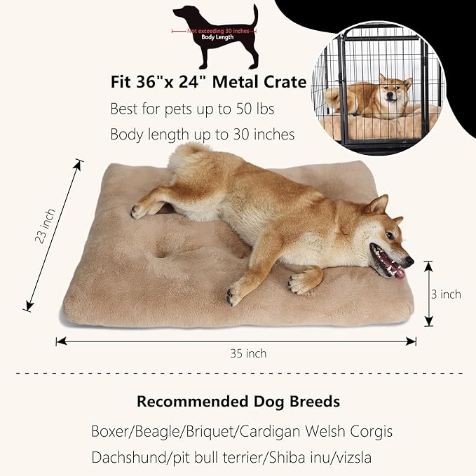 Dog Beds for Large Sized Dog Washable fit Metal Crates Machine Washable 36 inch Pet Crate Pad with Anti-Slip Bottom,Extra Soft Kennel Pad Sleeping Mat,36 x 24 Light Brown
