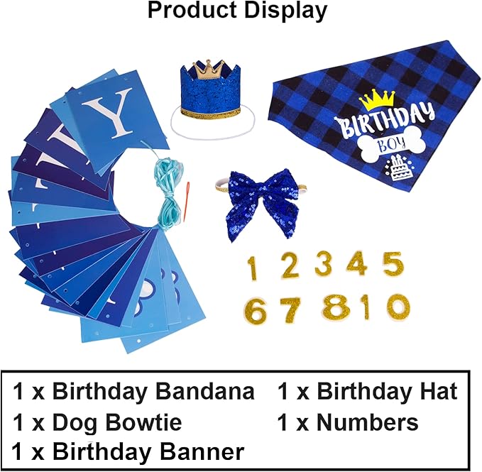 ADOGGYGO Dog Birthday Hat Bandana - Birthday Boy Dog Bandana Pet Party Hat with Numbers Bow and Happy Birthday Banner Set