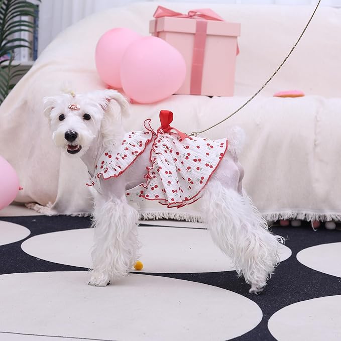 CuteBone Cotton Dog Dress Cherry with Leash Ring & Sleeve Ruffles, Soft & Breathable, Stylish Pet Clothes Outfit for Small Dogs, Comfortable & Easy to Wear CFX01S