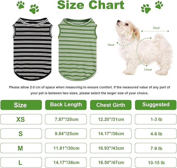 2Pack Dog Shirts for Small Dogs Girl Boy Striped Dog Shirt Vest Soft Stretchy Puppy Clothes Sleeveless Colorful Sweatshirt Small Puppy Outfit for Chihuahua Yorkie, Black+Green, L