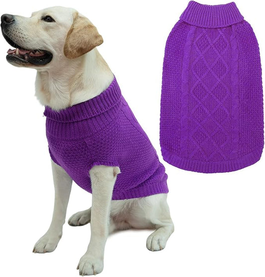 Mihachi Turtleneck Dog Sweater - Winter Coat Apparel Classic Cable Knit Clothes with Leash Hole for Cold Weather, Ideal Gift for Pet in New Year Purple Medium/Large