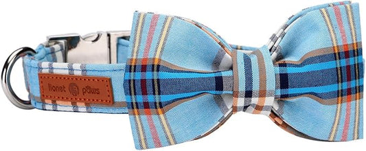 Lionet Paws Boy Dog Collar with Bowtie, Comfortable Adjustable Cute Blue Plaid Bow Tie Collar for Male Dogs Gift, Large, Neck 16-24 inches