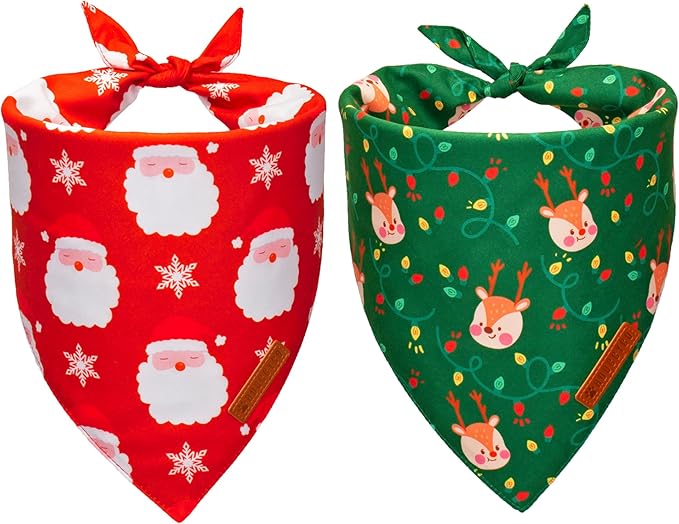 ADOGGYGO Christmas Dog Bandanas 2 Pack, Santa Deer Pattern Puppy Xmas Scarf Bib, Premium Durable Fabric, Pet Christmas Bandanas for Small Dogs (Small)
