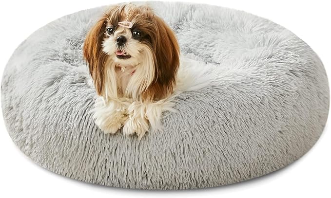 Calming Dog Bed & Cat Bed, Anti-Anxiety Donut Dog Cuddler Bed, Warming Cozy Soft Dog Round Bed, Fluffy Faux Fur Plush Dog Cat Cushion Bed for Small Medium Dogs and Cats (20"/24"/27"/30")