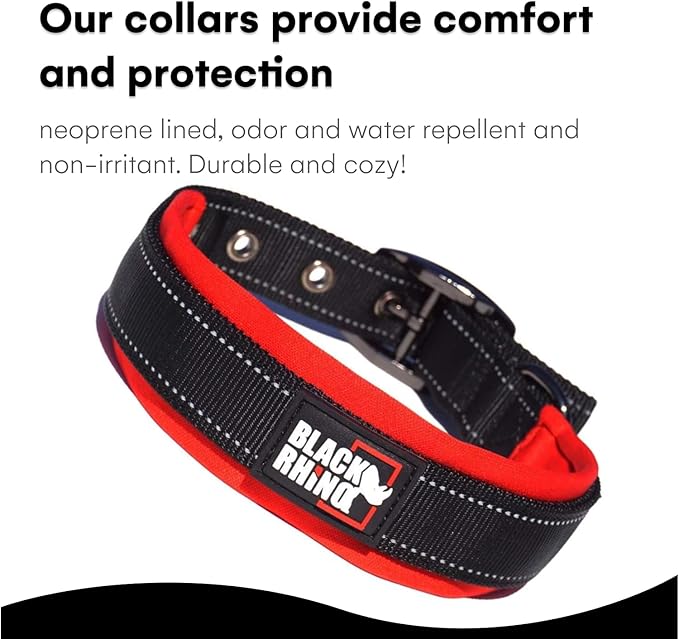 Black Rhino Dog Collars for Medium Dogs - Adjustable Reflective Heavy Duty Dog Collar with Ultra-Soft Neoprene Padding - Weatherproof, Durable, and Comfortable - Ideal for Active Dogs - Red and Black