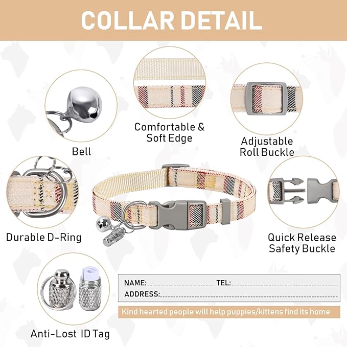 GAMUDA Dog Harness Collar and Leash Set, Dog Harness, No Chock No Pull Adjustable Vest Harnesses Plaid Reflective for Medium Dog, Cat, Small Horse, Small Bull and Pig (Beige, S)