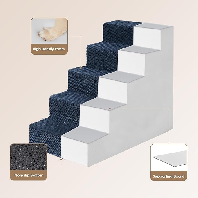 EHEYCIGA Dog Stairs for High Bed 22.5”H, 5-Step Dog Steps for Bed, Pet Steps for Small Dogs and Cats, Non-Slip Balanced Pet Ramp Indoor, Navy Blue