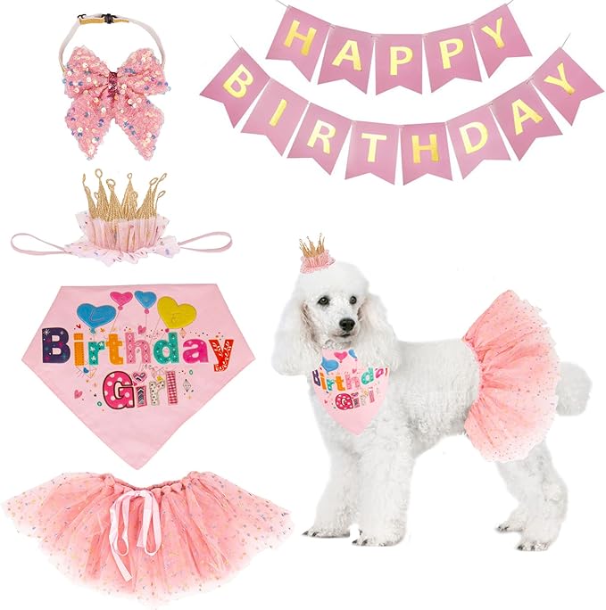 ADOGGYGO Dog Birthday Hat Bandana Girl - Puppy Birthday Party Supplies - Pink Tutu Hat Scarf Bow Banner Set for Medium Large Dogs (Large)