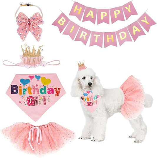ADOGGYGO Dog Birthday Hat Bandana Girl - Puppy Birthday Party Supplies - Pink Tutu Hat Scarf Bow Banner Set for Medium Large Dogs (Large)