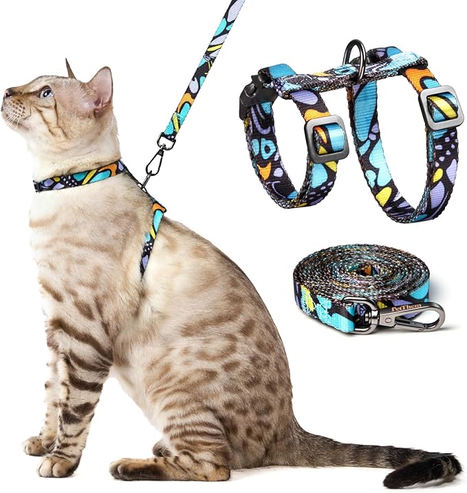 Cat Harness and Leash Set - Escape Proof Adjustable Cat Harness, Comfortable Soft Lightweight, Use Safe & Easy, Walking Travel Kitten Harness for Small Medium Large Cats (Blue Butterfly Magic)