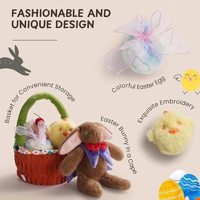 Nocciola 5 Pack Easter Dog Toys with a Basket - Durable Stuffed Plush Dog Squeaky Puppy Toys for Small, Medium and Large Breeds, Easter Gift with Easter Egg & Rabbit & Chick & Cake