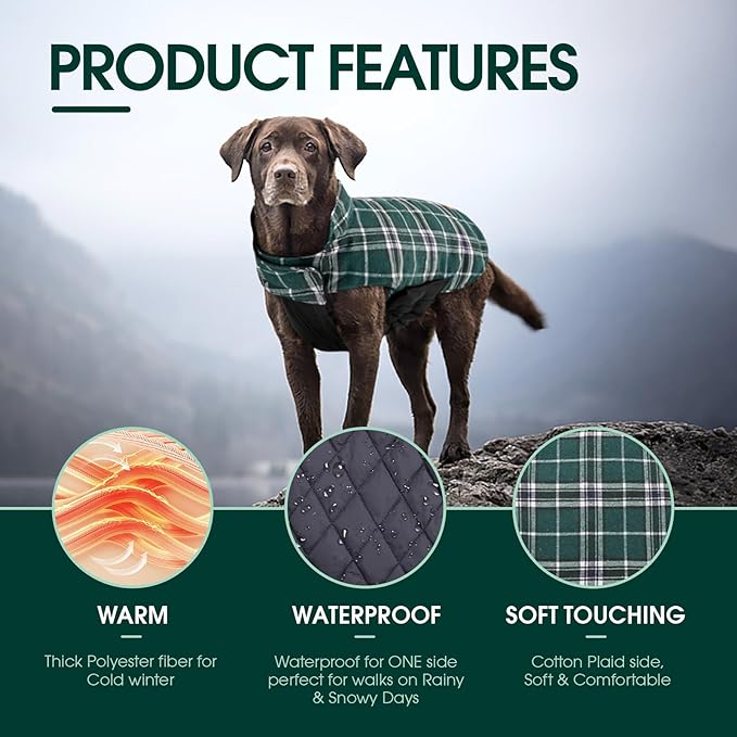 Kuoser Waterproof Dog Coat, Reversible Dog Jacket for Medium Dogs, Adjustable Durable Doggie Winter Coat Warm Puppy Cold Weather Apparel from Small to Large Breed, Green M