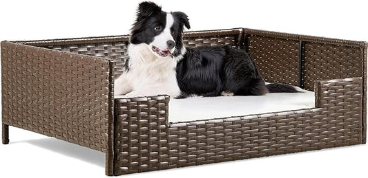 YITAHOME Rattan Dog Sofa Bed with Cushion,Wicker Pet Bed Sofa Couch Indoor Outdoor Water Resistant for Large Medium Small Dogs Cats (34.6''L*23.6''W*11.8''H,Beige)