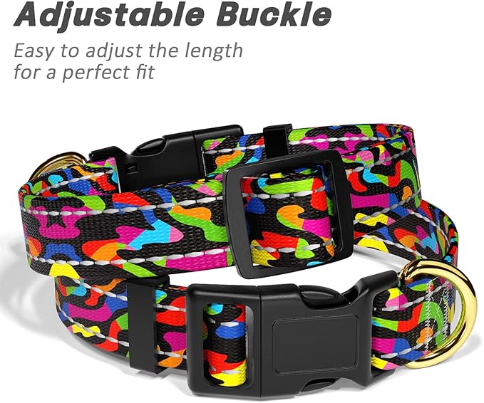 Reflective Dog Collar for Medium Dogs, Cute Boho Adjustable Heavy-Duty Nylon Puppy Collar for Boy and Girl Female, Soft Pet Accessories with Quick Release Buckle, Abstract Rainbow Art
