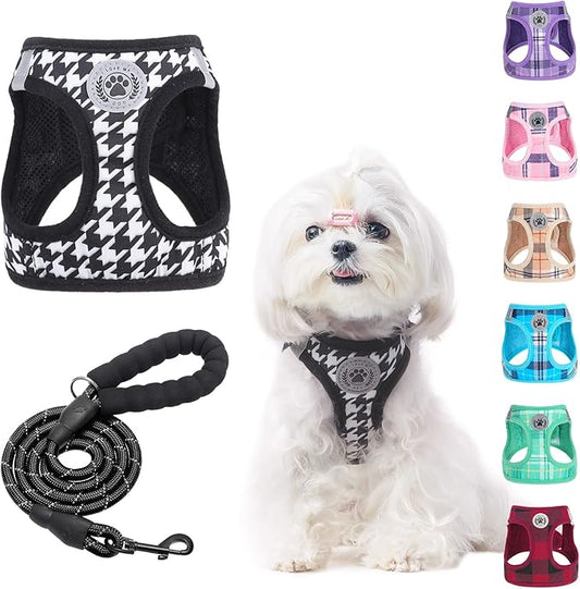 BEAUTYZOO Small Dog Harness and Leash Set,Step in No Choke No Pull Soft Mesh Dog Harnesses Reflective for Extra Small Medium Puppy Dogs and Cats, Plaid Dog Vest Harness for XS S Pets, Black XS