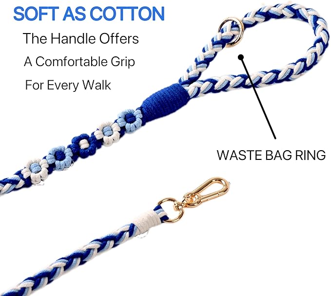 Handmade 5ft Braided Cotton Dog Leash with Unique Floral Handle, Durable and Stylish, Ideal for Small to Large Dogs,Sea Wave