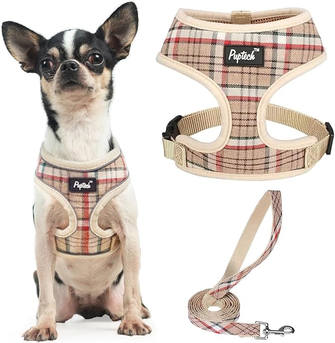 PUPTECK Soft Mesh Dog Harness and Leash Set Pet Puppy Cat Comfort Padded Vest No Pull Harnesses, Khaki, XS