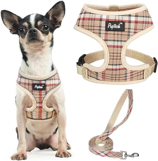 PUPTECK Soft Mesh Dog Harness and Leash Set Pet Puppy Cat Comfort Padded Vest No Pull Harnesses, Khaki, XS
