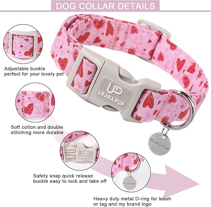 Valentine’s Dog Collar, Pink Heart Dog Collar with Quick Release, Valentine’s Gift Pet Collar for Puppy Girl Boy Dogs, Wedding Dog Collar