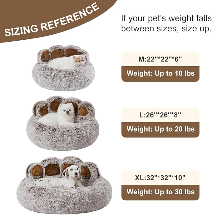 Jiupety Paw Shape Calming Pet Bed, Plush Faux Fur Donut Bed for Dogs & Cats, Machine Washable, Non-Slip Bottom, Medium (22"×22"×6"), Gray