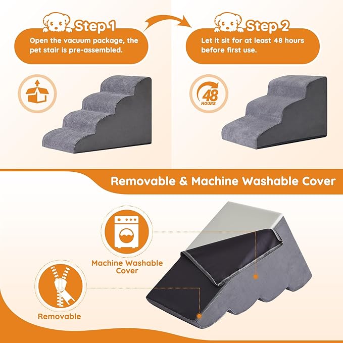 Pet Stairs, Dog Stairs for Small Dogs, Dogs Steps, 5-Step Curved Dog Ramp for Bed, Couch, Sofa, Car and Chairs, Non-Slip Bottom Design, Cat Scratching Board, High Density Foam Portable Pet Step, Grey