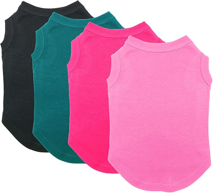 Chol&Vivi Dog Shirt Clothes, 4pcs Blank Dog Shirt Cotton Clothes Sleeveless Fit for Small to Extra Large Size, Pet Tank Top for All Breeds, Soft and Breathable, Black/Dark Green/Pink/Rose Red, X-Small