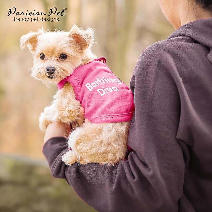 Parisian Pet Dog Tshirt - Embroidered “Barking Diva“ Girl Dog Clothes - Breathable and Lightweight Pet Vest - Sleeveless Pink Tee Shirts - Machine Washable Shirt for Medium Dogs - M