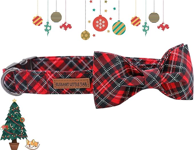 Elegant little tail Christmas Dog Collar, Pet Collar Plaid Soft with Comfy Bowtie Dog Collar Holiday Adjustable Pet Gift Collars for Small Medium Large Dogs
