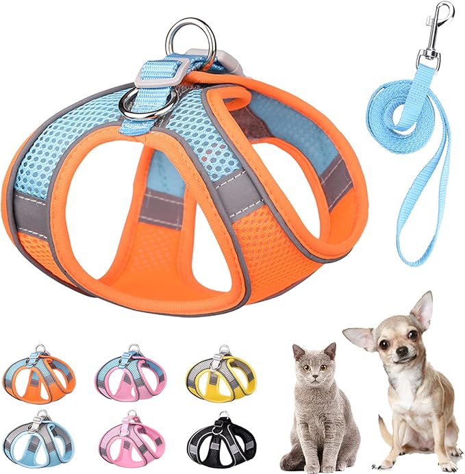 Soft Small Dog Harness and Leash Set Mesh Puppy Harnesses Leash Easy Walk Dog Harness Vest Adjustable Reflective No Pull Dog Harnesses for Small Dogs Cats (Orange Blue,L)