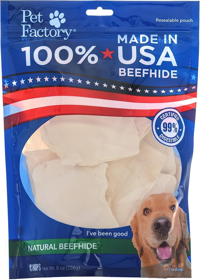 Pet Factory 100% Made in USA Beefhide Chips Dog Chew Treats - Natural Flavor, 8 oz