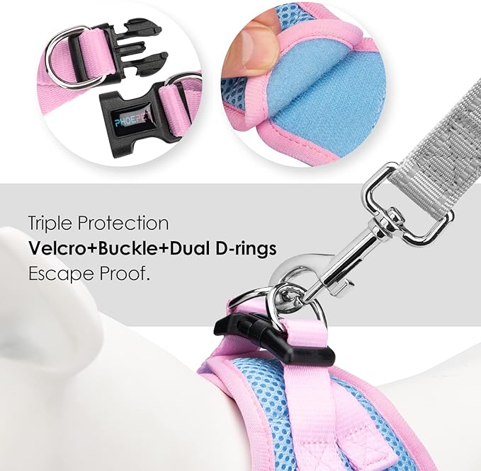 PHOEPET Step-in Dog Harness,Reflective Adjustable Dog Vest Harness, Soft Pet Walking Jacket with 2 Metal Leash Hooks for Dog and Cat(Baby Blue Base & Pink Straps,XS)
