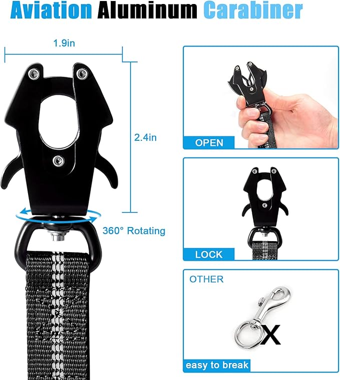 Raipult Tactical Heavy Duty Bungee Dog Leash for Medium Large Dogs That Pull, Military K9 Working Lead, 4-6FT Shock Absorbing Frog Clip Leash with Padded Traffic Handle & Car Seatbelt, Black