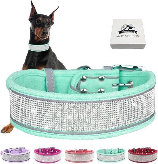 Bling Diamond Dog Collar for Females Girls,Soft Velvet Leather with Fancy Sparkly Crystal Rhinestones,Reflective Stripe,Suit Medium Large Dogs (Green, L)
