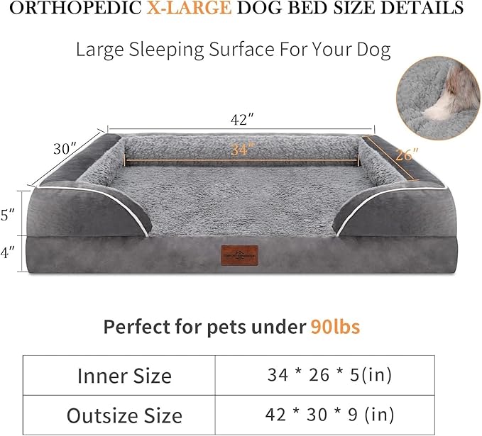 Comfort Expression Waterproof Orthopedic Foam Dog Beds for Extra Large Dogs Durable Dog Sofa The Pet Bed Washable Removable Cover with Zipper and Non-Slip Bottom Bolster