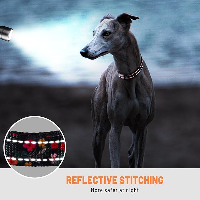 Dog Collar Cute Flower, Reflective Adjustable Basic Collars for Girl Female Small Medium Large Dogs Walking Running(X-Small,Black)