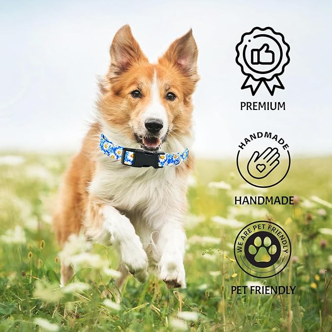 Tunkoo Blue Daisy Dog Collar, Cute Adjustable Premium Cotton Collar Durable Plastic Buckle for Small Medium Large Boys Girls Dogs, S